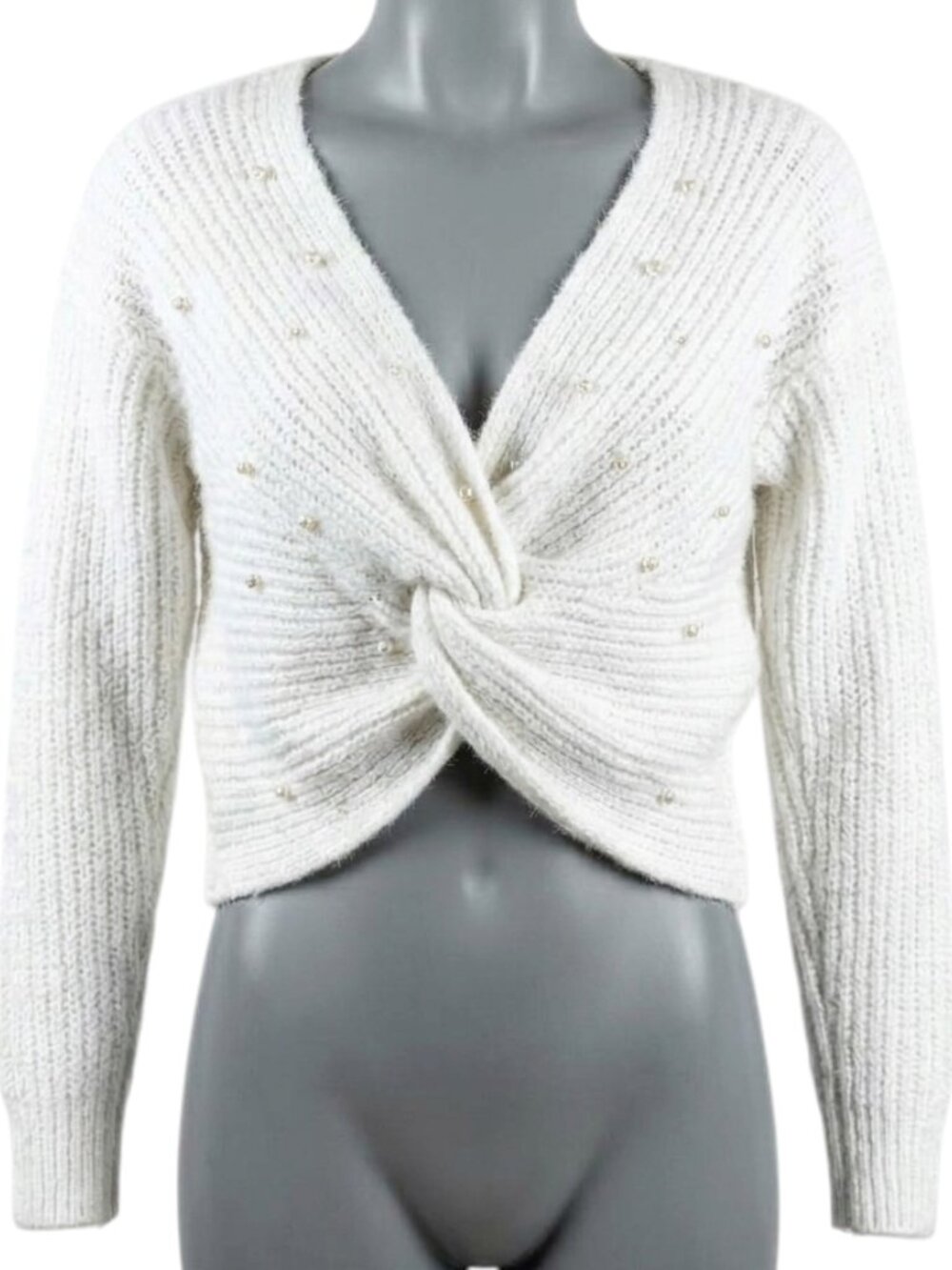 Almost Famous Cropped Twist Front Pearl Sweater, S, Y2K, Holiday Party, Preppy